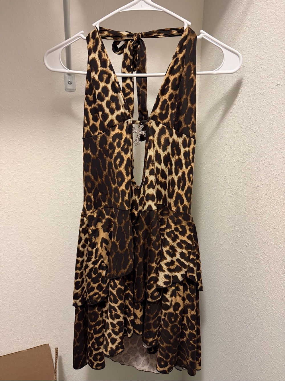 ROMWE Leopard Print Backless Halter Dress in Brown